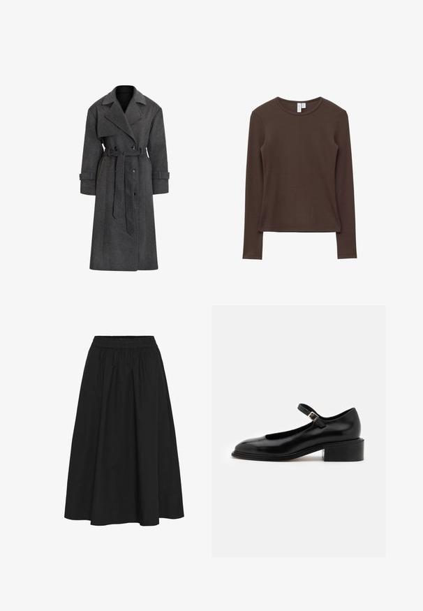 Trench-coat en laine grise, au design long et droit, à boutonnage double, avec de larges revers et une ceinture assortie à la taille.; Chemise marron à manches longues en coton doux. Design ajusté avec une texture côtelée et un col rond. Bords simples et sans ornements.; Jupe noire, longueur genou, en coton, dotée d'une taille élastique, texture froncée et finition lisse sans motifs visibles.; Souliers Martinez PENELOPE - Escarpins à talons hauts - black