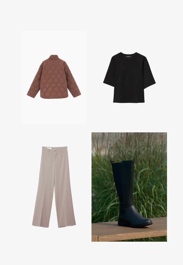 Braune gesteppte Jacke mit wellenförmigem Steppmuster, langen Ärmeln und Stehkragen, von hinten auf weißem Hintergrund gezeigt.; Schwarzes, oversized Sweatshirt mit kurzen Ärmeln, Rundhalsausschnitt und lockerem Sitz, präsentiert auf weißem Hintergrund.; Beige Hosen mit weitem Bein, flacher Vorderseite, zwei Vordertaschen, Knopfverschluss und einem glatten, leicht strukturierten Stofffinish.; Schwarzer kniehoher Stiefel aus glattem Leder mit rundem Zehenbereich und flacher Sohle. Verfügt über ein schlichtes Design mit einer Zuglasche oben.