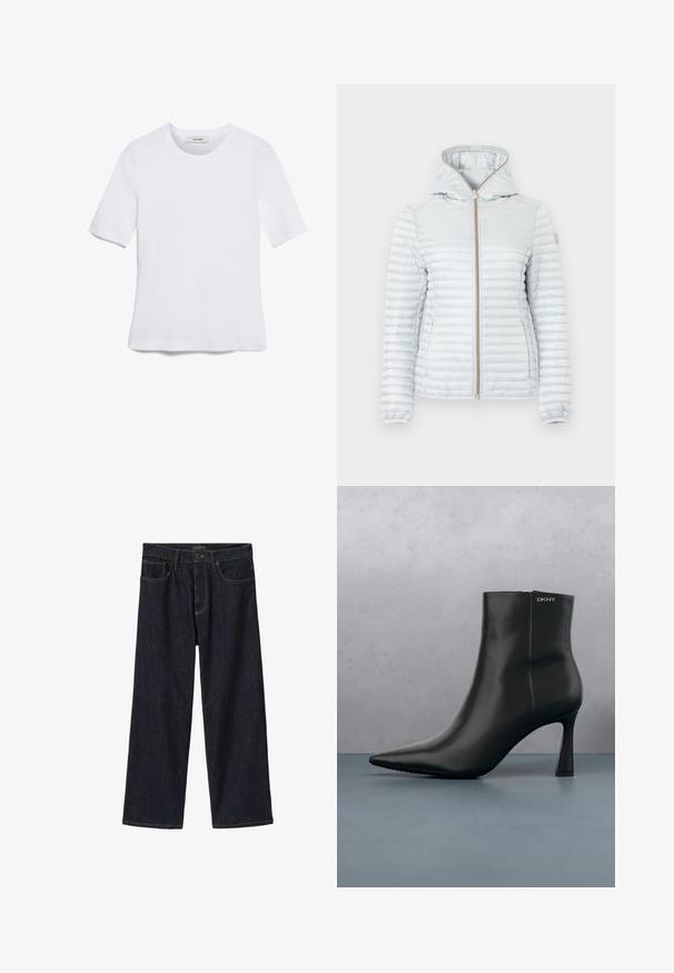 Chaqueta acolchada con capucha de color gris claro, con cremallera frontal y dos bolsillos laterales, diseñada para clima frío.; Camiseta de manga corta blanca hecha de tela de canalé. Cuello redondo, corte regular y detalles de costura sutiles. Sin patrones ni gráficos.; Vaqueros de pierna ancha en índigo oscuro con cierre frontal de botón y cremallera, trabillas para cinturón y bolsillos delanteros, mostrados sobre un fondo blanco.; Botín de cuero negro con punta afilada y un tacón geométrico. Presenta un sutil branding y una textura suave. El fondo tiene baldosas con textura.