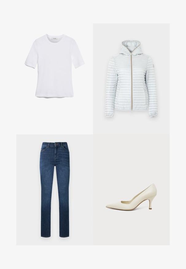 Lysegrå quiltet hættejakke med lynlås foran og to sidelommer, designet til koldt vejr.; Hvid kortærmet t-shirt lavet af ribbet stof. Rund halsudskæring, almindelig pasform og subtile syninger. Ingen mønstre eller grafik.; Mørkeblå skinny jeans med høj talje, frontknapper og lynlås, forlommer og diskret falmet detalje.; Højhælede sko i cremefarvet læder med spids tå og slank mellemhøj hæl, på en ensartet lys baggrund.