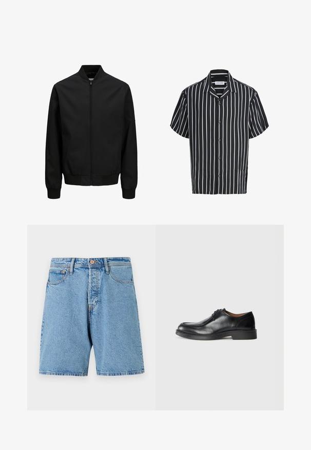 Zwarte bomberjack met ritssluiting aan de voorkant, geribde kraag, manchetten en tailleband, lange mouwen en een gladde afwerking.; Zwart overhemd met korte mouwen, witte verticale strepen en een puntige kraag, met het label Jack & Jones.; Lichtblauwe denim short met een klassieke pasvorm, vijf zakken en contrasterende stiksels. Heeft een knoopsluiting en een gefranjerde zoom.; Zwarte leren dresschoenen met een ronde neus, een gladde afwerking, veters en een lage, gestructureerde rubberen zool. Strakke lijnen en een minimalistisch ontwerp.
