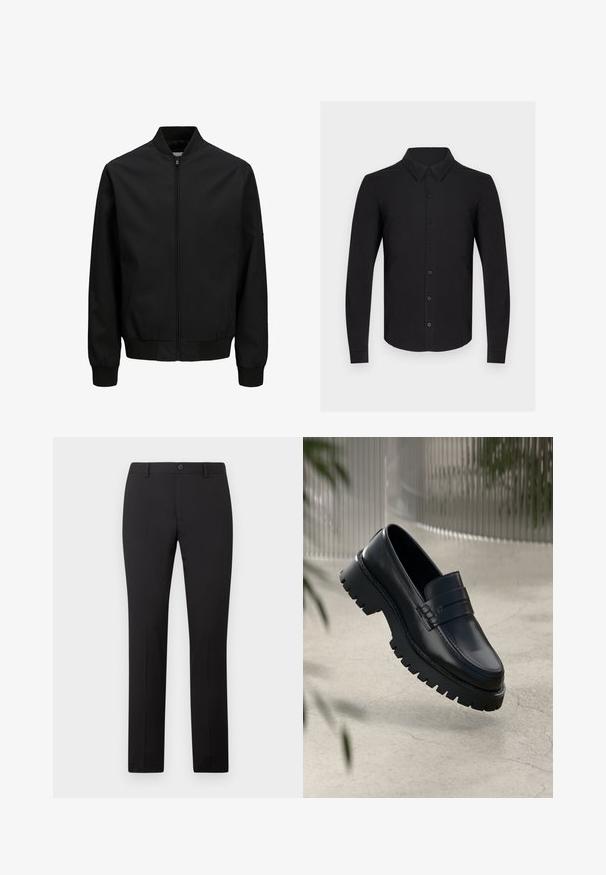 Chaqueta bomber negra con cremallera frontal, cuello, puños y cinturilla acanalados, mangas largas y acabado liso.; Camisa negra de manga larga hecha de tela suave, con cierre de botones en el frente, cuello clásico y puños con botones. Textura lisa sin patrones.; Pantalones negros a medida con diseño de pierna recta, con cierre de botón y trabillas para cinturón. Hechos de tela suave sin patrones visibles.; Mocasines de cuero negro con suela gruesa, que presentan una correa decorativa y detalles de costura. Textura suave con un acabado pulido.