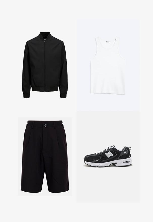 Veste bomber noire avec fermeture éclair à l'avant, col, poignets et ceinture côtelés, manches longues et finition lisse.; Débardeur blanc sans manches avec col rond et étiquette de la marque Weekday à l'intérieur du col arrière, présenté à plat sur un fond clair.; Shorts noirs cintrés avec passants pour ceinture, fermeture à bouton à l'avant et poches latérales, présentés sur un fond uni.; Baskets de sport noires et grises avec un tige en mesh et en suède, présentant une semelle intermédiaire blanche, des lacets et un logo "N" audacieux sur le côté.