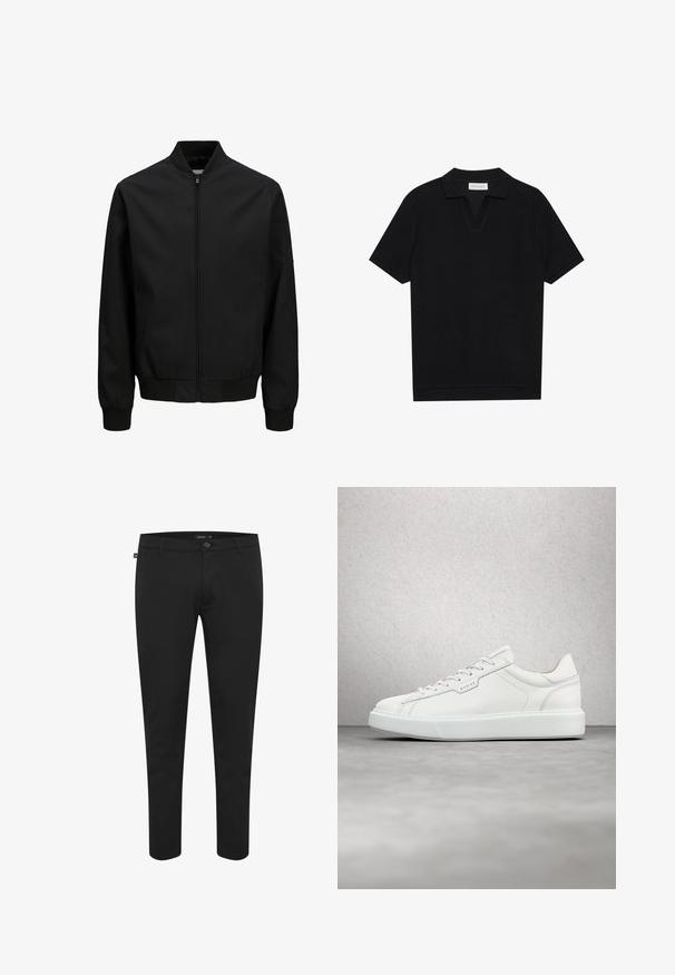 Chaqueta bomber negra con cremallera frontal, cuello, puños y cinturilla acanalados, mangas largas y acabado liso.; Polo de manga corta negro con tejido texturizado y acanalado, con escote en forma de V y dobladillo recto. Sin logos ni patrones visibles.; Pantalones negros de tela suave. Cuentan con un cierre de botón, pasadores para cinturón y un diseño ajustado con perneras estrechas. Sin patrones visibles.; Zapatilla de cuero blanca con punta redonda, cierre de cordones plano y suela de goma gris. Presenta costuras sutiles y un acento de logo.