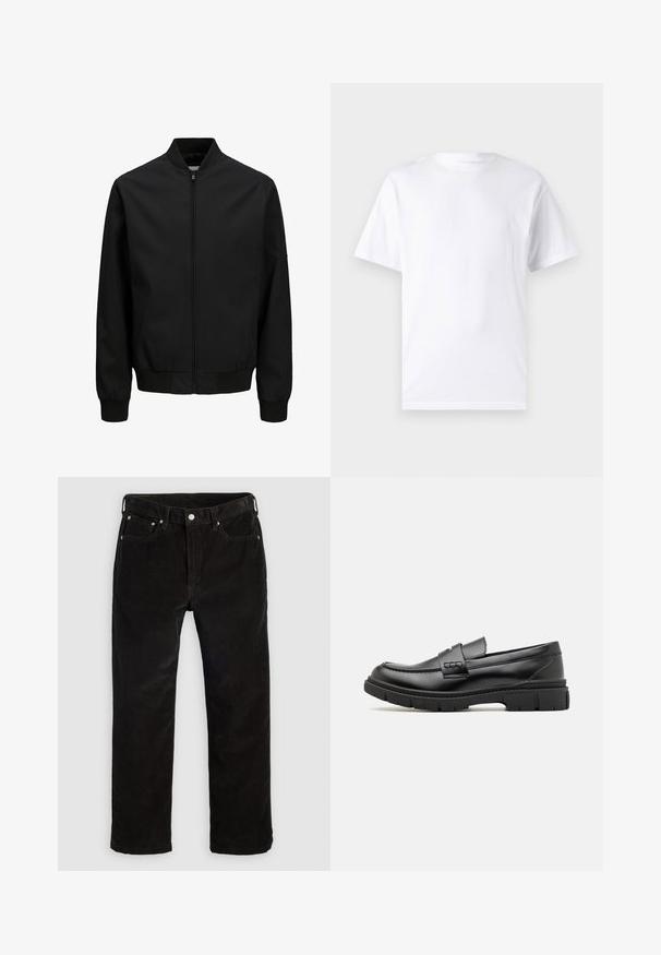 Sort bomberjakke med frontlynlås, ribbet krave, manchetter og linning, lange ærmer og en glat finish.; Hvid kortærmet t-shirt lavet af bomuld med rund hals, der har en glat tekstur og et simpelt design uden mønstre eller accenter.; Sorte corduroy lige bukser med frontknap, lynlås, bæltestropper og fem-lomme design på en ensfarvet lys baggrund.; Sort læder loafersko med en bred rem over forfoden, gummisål med tykke mønstre og glat overflade. Klassisk, slankt design.