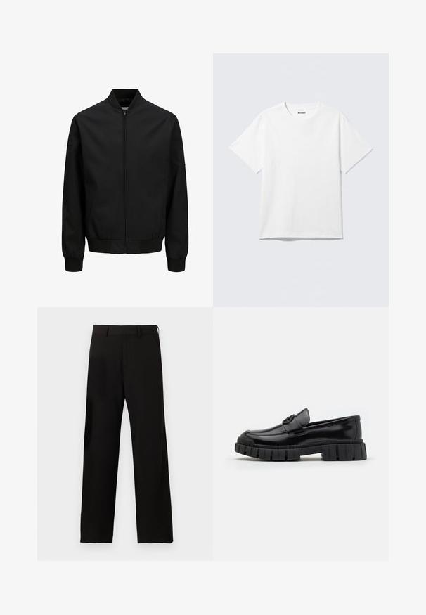 Sort bomberjakke med frontlynlås, ribbet krave, manchetter og linning, lange ærmer og en glat finish.; Hvid kortærmet crewneck T-shirt lagt fladt ud, ensfarvet design, med "WEEKDAY" mærkat inde i kraven på en lys baggrund.; Sorte bukser med lige ben, bæltestropper og sidelommer på en ensartet hvid baggrund.; Sorte læderloafers med tykke, rillet gummisåler. Har en rund tå og en dekorativ rem med et logoaccent. Glat overflade.