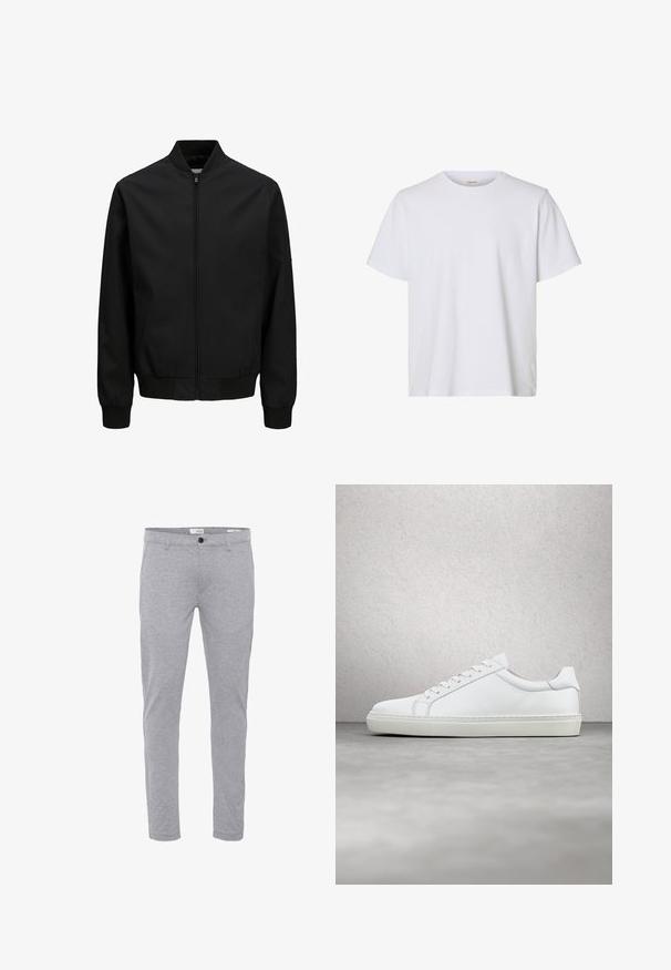Veste bomber noire avec fermeture éclair à l'avant, col, poignets et ceinture côtelés, manches longues et finition lisse.; T-shirt blanc uni à manches courtes, col rond, coupe régulière et texture de tissu lisse, présenté sur fond blanc.; Pantalon slim gris clair avec fermeture par bouton et zip à l'avant, poches avant et passants pour ceinture.; Sneaker blanche avec une tige en cuir lisse et un profil bas. Présente un bout arrondi, six œillets et une semelle en caoutchouc texturé.