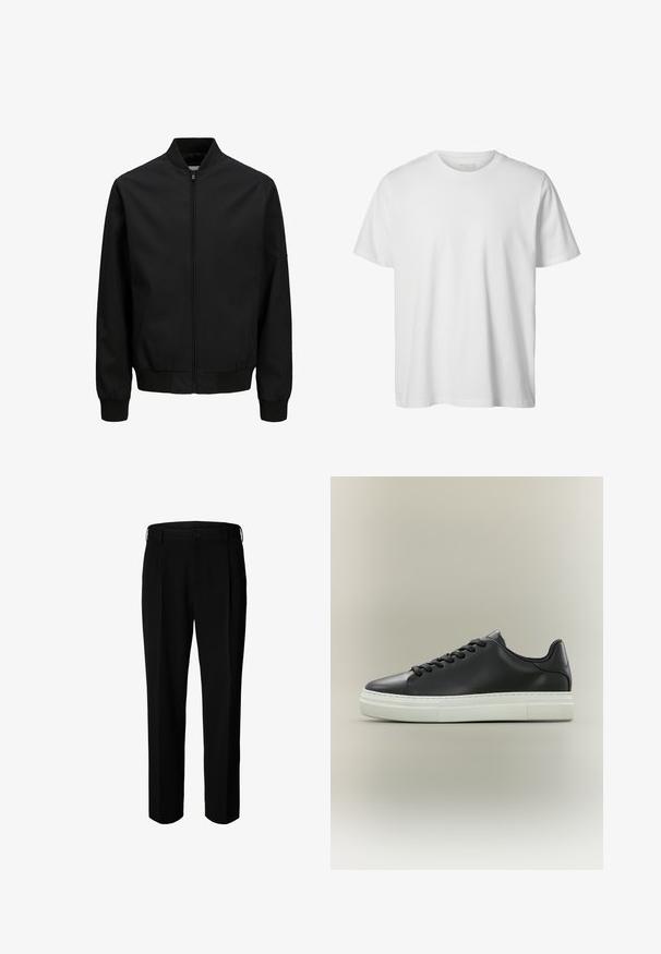 Sort bomberjakke med frontlynlås, ribbet krave, manchetter og linning, lange ærmer og en glat finish.; Enkelt hvid T-shirt med korte ærmer og rund hals, løs pasform og uden synlige logoer eller designs foran.; Sorte formelle bukser med bæltestropper, knap foran og lynlås, vist mod hvid baggrund.; Sort læderlav-top sneaker med sorte snørebånd og tyk hvid gummisål på en neutral baggrund.