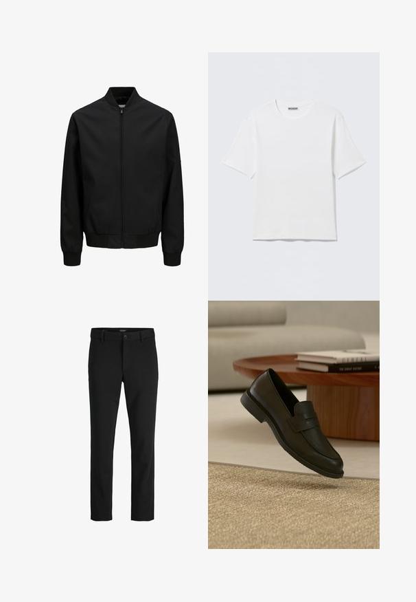 Veste bomber noire avec fermeture éclair à l'avant, col, poignets et ceinture côtelés, manches longues et finition lisse.; T-shirt blanc uni à manches courtes et col rond, avec une petite étiquette "WEEKDAY" à l'intérieur du col arrière, présenté à plat.; Pantalon noir slim-fit avec passants pour ceinture, fermeture par bouton et devant lisse.; Chaussure mocassin en cuir noir présentée en suspension au-dessus d'un tapis beige tissé, avec une table en bois et des livres empilés dans un salon doucement éclairé.