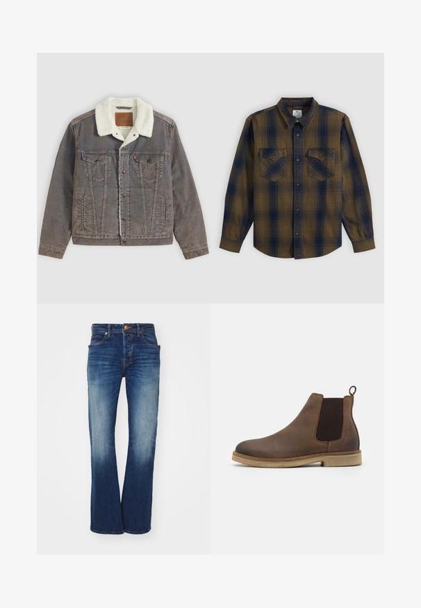 Veste en jean marron avec doublure et col sherpa blanc, fermeture boutonnée devant, poches poitrine à rabat et poches latérales pour les mains.; Chemise boutonnée à manches longues avec motif à carreaux marron et bleu marine et deux poches poitrine boutonnées, posée à plat sur fond blanc.; Jean en denim bleu avec une coupe évasée, cinq poches et une fermeture à bouton en laiton. Présente un léger délavage et des coutures contrastées.; Botte Chelsea en cuir marron avec des panneaux latéraux élastiques, bout rond, tirette et semelle texturée beige clair.