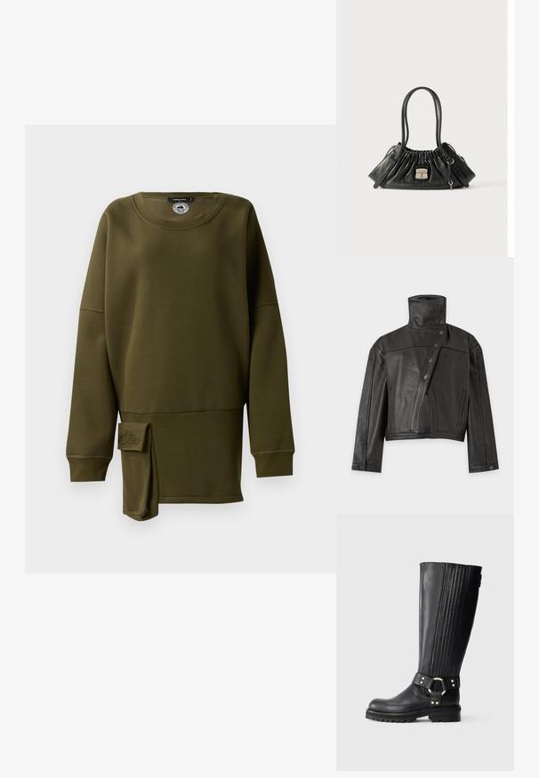 Zwarte leren jas met hoge kraag en asymmetrische voorzijde met drukknoopsluiting, lange mouwen en twee zijzakken.; Olijfgroene sweatshirt, zachte stof, ronde hals, lange mouwen, zijsplit met stoffen accent, geborduurd logo-detail aan de onderkant voor.; Zwarte leren kniehoge laars met elastische ribbel, profielzool en decoratieve band met goudkleurige metalen ring en klinknagels.; Zwarte leren handtas met gesneden rand, dubbele schouderbanden, zijkant ritscompartimenten en een zilveren sluiting met het label "Marc Jacobs" en een klein sleutelhanger.