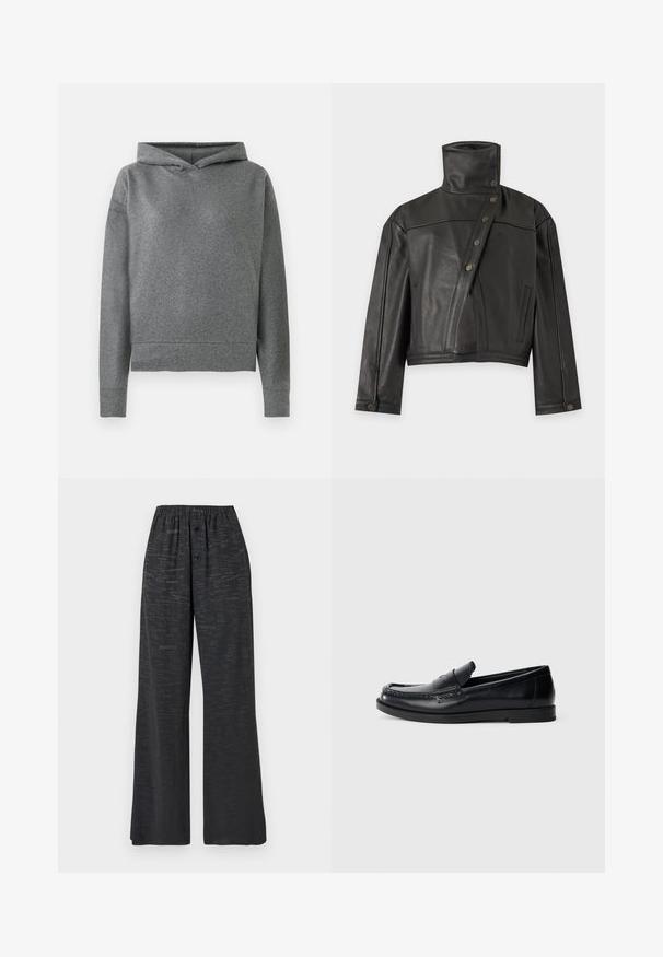 Schwarze Lederjacke mit hohem Kragen und asymmetrischem vorderem Druckknopfverschluss, langen Ärmeln und zwei Seitentaschen.; Grauer Hoodie aus einem weichen, strukturierten Stoff. Besitzt eine Kapuze mit Kordelzug, lange Ärmel und einen leicht verkürzten, lockeren Sitz.; Schwarze, weit geschnittene Hose mit elastischem Bund, zwei vorderen Knöpfen und dezentem, rundum gedrucktem Textmuster.; Schwarze Lederloafers mit einem gestickten Akzentdesign, runder Zehenform, flacher Gummisohle und einer glatten Oberfläche. Klassische, vielseitige Silhouette.