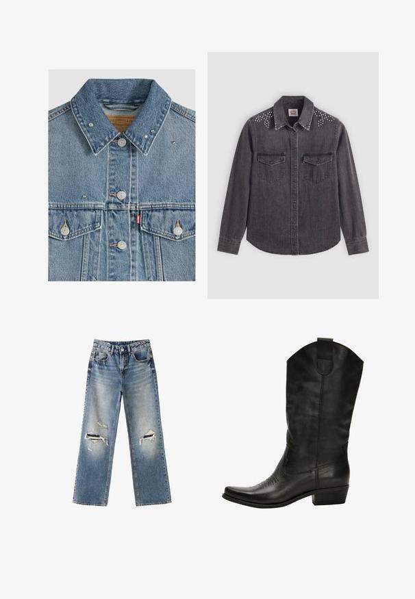 Hellblaue Jeansjacke mit Metallknöpfen, zwei Brusttaschen, Metallnieten am Kragen und rotem Levi's Stoffetikett an der linken Tasche.; Schwarze Jeanshemd mit langen Ärmeln, Punktkragen, zwei Brusttaschen, silberne Nietenakzente auf den Schultern, knöpfbare Vorderseite.; Blaue Denim-Jeans mit hoher Taille und geraden Beinen, mit abgenutzten und zerrissenen Bereichen an beiden Knien.; Schwarze Leder-Cowboystiefel mit spitzem Zehenbereich, dezenten Steppnähten und einem gestapelten Absatz. Sie besitzen einen hohen Schaft und eine Zuglasche.