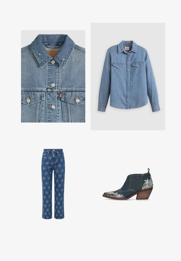 Chaqueta vaquera azul claro con botones de metal, dos bolsillos en el pecho, tachuelas de metal en el cuello y etiqueta de tela roja Levi's en el bolsillo izquierdo.; Camisa de mezclilla azul claro con mangas largas, cierre de botones al frente, dos bolsillos en el pecho y cuello clásico. Textura suave y ajuste relajado.; Jeans de mezclilla en azul oscuro con un estampado floral, de talle alto y diseño recto, con detalles en tono dorado y una textura sutil.; Bota vaquera hasta el tobillo con acentos de piel plateada agrietada, punta puntiaguda, tacón apilado de madera y paneles laterales elásticos para facilitar el uso.