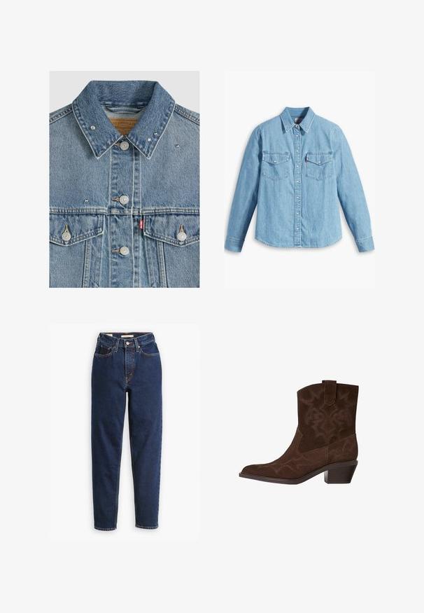 Hellblaue Jeansjacke mit Metallknöpfen, zwei Brusttaschen, Metallnieten am Kragen und rotem Levi's Stoffetikett an der linken Tasche.; Helles blaues Denimhemd mit langen Ärmeln, spitzem Kragen, zwei Brusttaschen, Knopfleiste und subtiler Struktur. Keine sichtbaren Muster.; Dunkelblaue Jeans aus Denim mit hoher Taille, Fünf-Taschen-Design und geraden Beinen. Kontrastnähte und Knopfverschluss.; Braune Wildleder-Cowboy-Stiefel mit spitzem Zeh, dekorativen Stickmustern, Knöchelhöhe und gestapeltem Absatz. Mit einer Zuglasche für einfaches An- und Ausziehen.