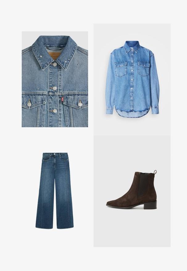 Lichtblauw spijkerjasje met metalen knopen, twee borstzakken, metalen studs op de kraag en een rood Levi's stoffen label op de linkerzak.; Denimshirt met een lichtblauwe kleur, klassieke kraag, knoopsluiting aan de voorkant, twee borstzakken en een afgeronde zoom met stikseldetails.; Wijde denim jeans in donkerblauw met contrasterende witte stiksels, vijf-pocketontwerp en een knoopsluiting in de taille.; Bruine suède enkelboot met een spitse neus, elastische zijkanten en een lage blokhak. Voorzien van een lus voor eenvoudig aan- en uittrekken.