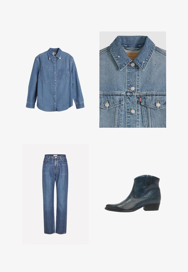 Lichtblauw spijkerjasje met metalen knopen, twee borstzakken, metalen studs op de kraag en een rood Levi's stoffen label op de linkerzak.; Lichtblauwe denim overhemden met lange mouwen, puntige kraag, twee borstzakken en contrasterende stiksels. Heeft een westers stijl yoke ontwerp.; Lichtblauwe denim jeans met een rechte pijpdesign, voorzien van een knopenfly, vijf zakken en subtiele vervaging op de stof.; Cowboyenklaar met een donkerblauwe leren uitvoerig, met een puntige neus, gebogen accenten en een lage gestapelde hak met subtiele stiksels.