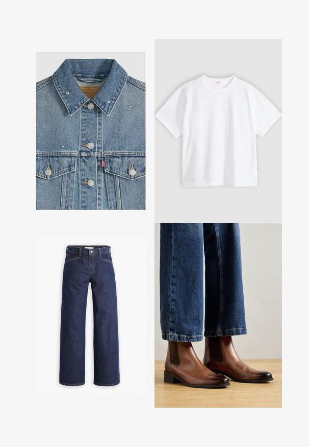 Lichtblauw spijkerjasje met metalen knopen, twee borstzakken, metalen studs op de kraag en een rood Levi's stoffen label op de linkerzak.; Wit katoenen t-shirt met korte mouwen, ronde hals, losse pasvorm, gladde textuur en een klein logolabel aan de linker zijnnaad.; Donkerblauwe spijkerbroek met een hoge taille, wijdvallende pijpen en subtiele oranje stiksels. Bevat een sluiting met een knoop en ritssluiting aan de voorkant.; Bruine leren enkellaarsjes met elastische zijpanelen, vierkante neus en lage blokhak, gedragen met blauwe jeans. Hardhouten vloer eronder.