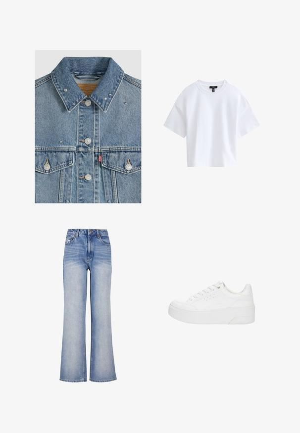 Lichtblauw spijkerjasje met metalen knopen, twee borstzakken, metalen studs op de kraag en een rood Levi's stoffen label op de linkerzak.; Effen witte cropped T-shirt met korte mouwen, een ronde hals en een zwart merkembleem aan de binnenkant van de kraag.; Lichtblauwe denim wijde jeans hebben een hoge taille, knoopsluiting, subtiele vervaging en een klassiek design met vijf zakken.; Witte plateau sneaker met veters aan de voorkant, geperforeerde zijkanten en dikke zool, weergegeven vanaf de buitenkant op een witte achtergrond.