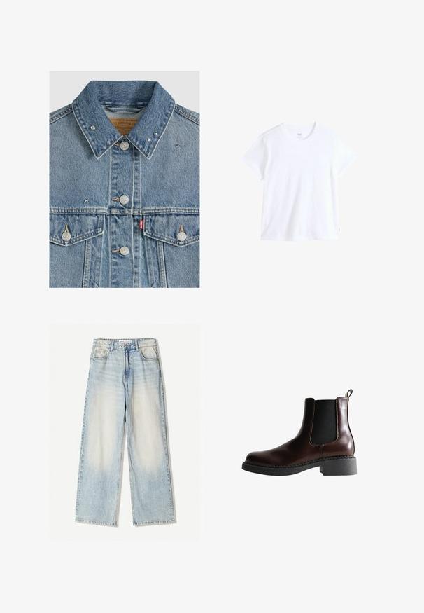 Veste en denim bleu clair avec boutons métalliques, deux poches poitrine, rivets métalliques sur le col et étiquette en tissu rouge Levi's sur la poche gauche.; T-shirt en coton blanc à manches courtes, col rond et ourlet droit. Présente une petite étiquette logo rouge sur le bas côté gauche.; Pantalons en denim bleu clair avec une jambe large, comportant cinq poches, un léger délavage et des coutures visibles le long des coutures.; Bottine en cuir marron avec des panneaux élastiques sur les côtés, bout rond et semelle en caoutchouc noir texturé. Comprend des coutures contrastées et une languette.
