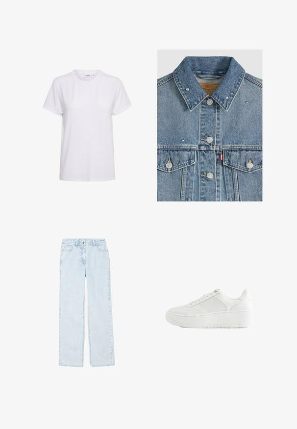 Hellblaue Jeansjacke mit Metallknöpfen, zwei Brusttaschen, Metallnieten am Kragen und rotem Levi's Stoffetikett an der linken Tasche.; Kurzärmliges weißes T-Shirt aus weicher Baumwolle. Verfügt über einen runden Halsausschnitt und ein schlichtes, nahtloses Design ohne Verzierung oder Muster.; Hellblaue, weit geschnittene Jeans mit einem subtilen Streifenmuster, aus Denim gefertigt. Verfügt über vordere Taschen und einen klassischen Knopfverschluss.; Weißer Sneaker mit niedrigem Schaft, dicker Sohle, Schnürverschluss und dezenten Steppnähten in Seitenansicht gezeigt.