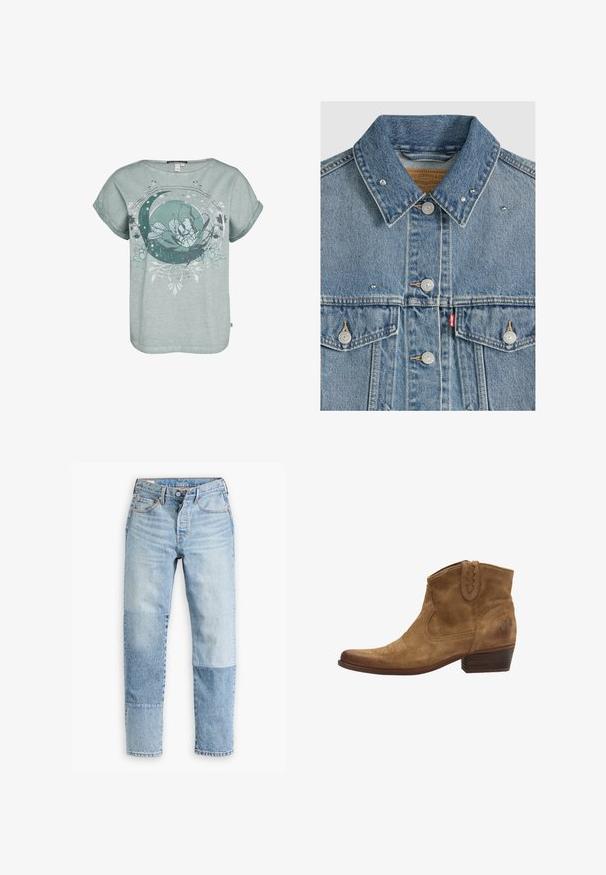 Lichtblauw spijkerjasje met metalen knopen, twee borstzakken, metalen studs op de kraag en een rood Levi's stoffen label op de linkerzak.; Korte mouwen, lichtgroene t-shirt met een bloem- en halve maan grafiek. Zachte textuur met een relaxte pasvorm en omgerolde mouwen.; Lichtblauwe denim jeans met een uniek paneelontwerp in verschillende tinten en texturen. Klassiek vijf-pocket model met een ritssluiting.; Bruine suède enkellaarzen met een spitse neus, gestikte details en een korte gestapelde hak. Zijkant elastiek voor makkelijk aan- en uittrekken.
