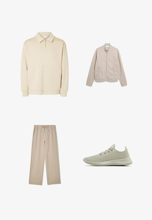 Beige leichte Jacke aus Baumwollmischung mit hohem Kragen, Reißverschluss vorne und zwei seitlichen Taschen mit Knopfverschluss.; Beiger Pullover-Sweatshirt aus weichem Stoff mit einem Reißverschluss am Hals, einem Kragen und einem lässigen Schnitt mit einfachen horizontalen Nahtdetails.; Beige Hosen mit weitem Bein, elastischem Bund und Kordelzug, mit seitlichen Taschen, flach auf weißem Hintergrund ausgelegt.; Allbirds TREE RUNNERS - Sneaker low - mens tree runners/wheat beige sole