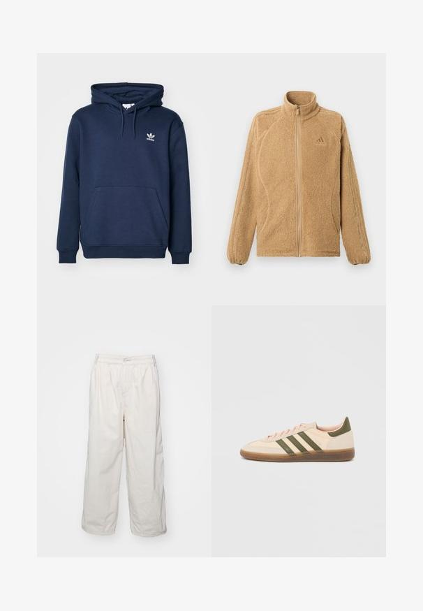 Beige Fleece-Jacke mit durchgehendem Reißverschluss, hohem Kragen, langen Ärmeln mit drei genähten Streifen und einem kleinen Adidas-Logo auf der Brust.; Navyblauer Hoodie aus weichem Material mit einer Kängurutasche, Kapuze mit Kordelzug und einem kleinen weißen Adidas-Logo auf der Brust.; Weiße Baumwoll-Hosen mit weitem Bein und elastischem Bund, ausgestattet mit einem vorderen Knopfverschluss und seitlichen Taschen. Glatte Textur und minimalistisches Design.; Flacher, beigefarbener Adidas Spezial Sneaker mit grünen Streifen, Gummisohle und "SPEZIAL" Schriftzug an der Seite, von der Außenseite gezeigt.