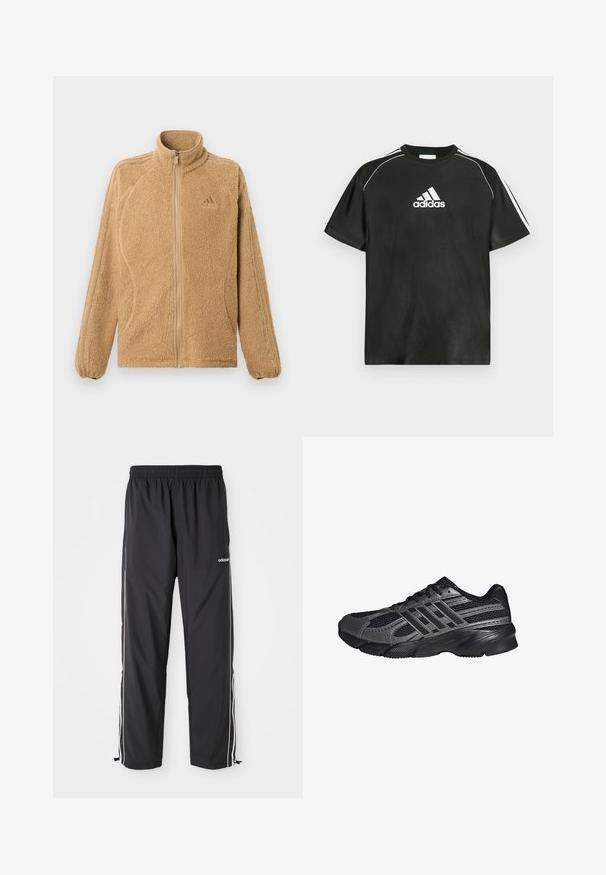 Béžová fleecová bunda na zips so vysokým golierom, dlhými rukávmi, ktoré majú tri našité pruhy, a malým logom Adidas na hrudi.; Čierne tričko s krátkym rukávom s bielym logom Adidas na hrudi a bielymi pruhmi na ramenách. Vyrobené z hladkej tkaniny, voľný strih.; Čierne športové nohavice vyrobené z ľahkej látky, s bielymi bočnými pásmi, elastickým pásom a nastaviteľnými členkovými manžetami.; Čierne športové topánky vyrobené z pletiva a syntetických materiálov, s textúrovaným povrchom, viacerými šedými pruhmi a polstrovaným golierom.