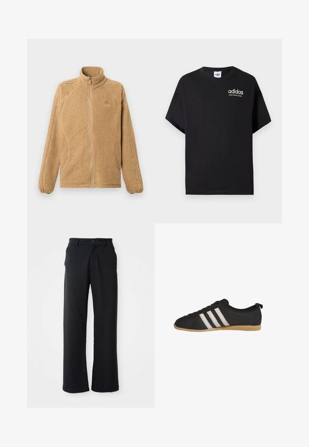 Beige fleece jack met volledige ritssluiting, hoge kraag, lange mouwen met drie gestikte strepen en een klein Adidas-logo op de borst.; Zwarte katoenen t-shirt met korte mouwen, met een ronde hals en een wit Adidas-logo met "SPORT DESIGN STUDIO" in goud. Soepele textuur.; Zwarte rechte broek met knoop- en ritssluiting, riemlussen en zijzakken, weergegeven tegen een witte achtergrond.; Zwarte lage sneaker met witte strepen en bruine rubberen zool, zijaanzicht op een witte achtergrond.