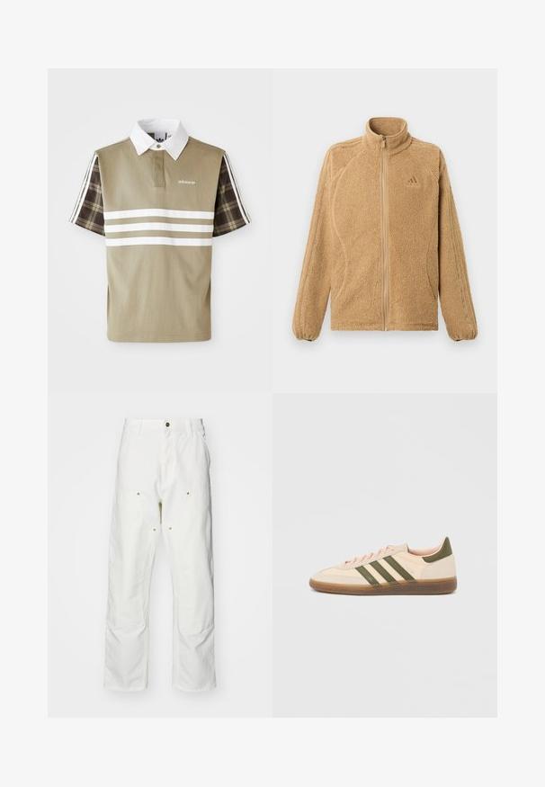 Béžová fleecová bunda na zips so vysokým golierom, dlhými rukávmi, ktoré majú tri našité pruhy, a malým logom Adidas na hrudi.; Polo tričko v olivovej zelenej farbe s bielymi pruhmi a károvaným vzorom na krátkych rukávoch. Obsahuje biely golier a logo na hrudi.; Biele bavlnené cargo nohavice s voľným strihom. Medzi vlastnosti patrí predné vrecká, zlaté detaily a zosilnené kolenné časti.; Nízky béžový tenisky Adidas Spezial so zelenými pruhmi, gumovou podrážkou a nápisom „SPEZIAL“ na boku, zobrazené z vonkajšej strany.
