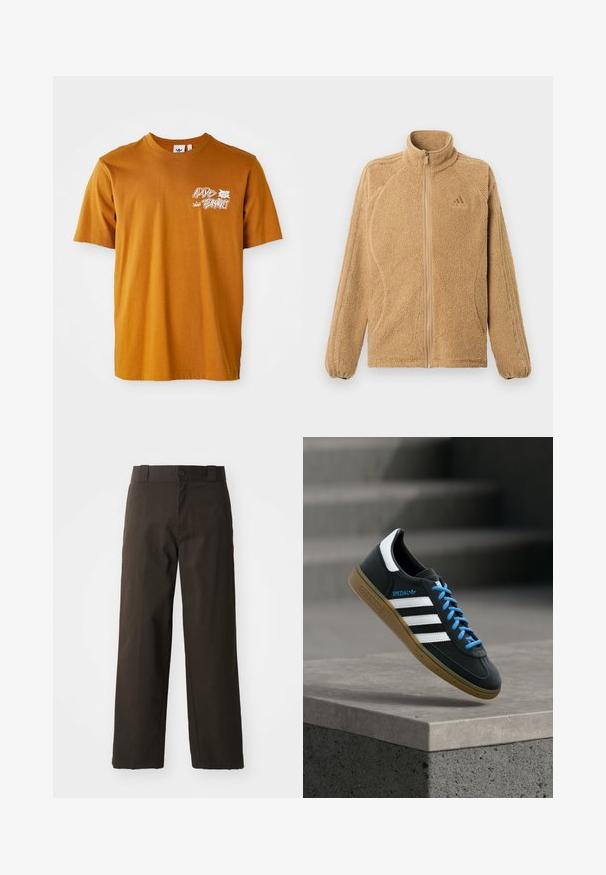 Béžová fleecová bunda na zips so vysokým golierom, dlhými rukávmi, ktoré majú tri našité pruhy, a malým logom Adidas na hrudi.; Hnedé bavlnené tričko s okrúhlym výstrihom a krátkymi rukávmi, s bielym grafickým textom a dizajnom listu na prednej strane.; Čierne bavlnené nohavice s rovnými nohavicami, so zapínaním na gombík a klasickým pásom. Hladká štruktúra, bez vzorov alebo detailov.; Čierna teniska Adidas s bielymi pruhmi, modrými šnúrkami a gumovou podrážkou, ktorá sa vznáša nad sivým betónovým schodom v mäkkom svetle.