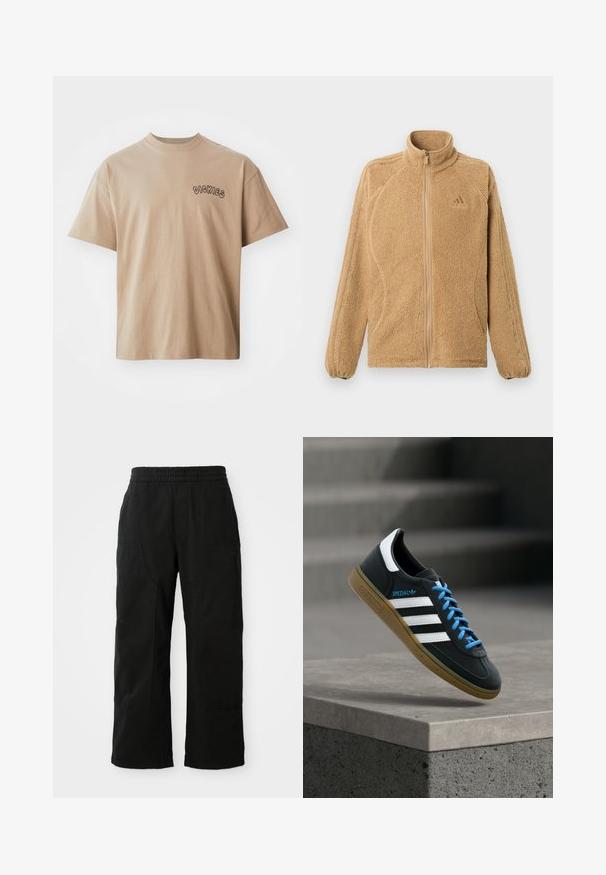 Beige fleecejakke med fuld lynlås, høj krave, lange ærmer med tre syede striber og et lille Adidas-logo på brystet.; Beige bomulds-T-shirt med korte ærmer og rund hals. Har "DICKIES" printet i sort på venstre bryst. Klassisk pasform og glat tekstur.; Sorte bomuldsbukser med elastisk talje, vid bendesign og store sidelommer. Stoffet virker blødt med en glat tekstur.; Sort Adidas sneaker med hvide striber, blå snørebånd og gummisål, der svæver over gråt betontrin i blødt lys.