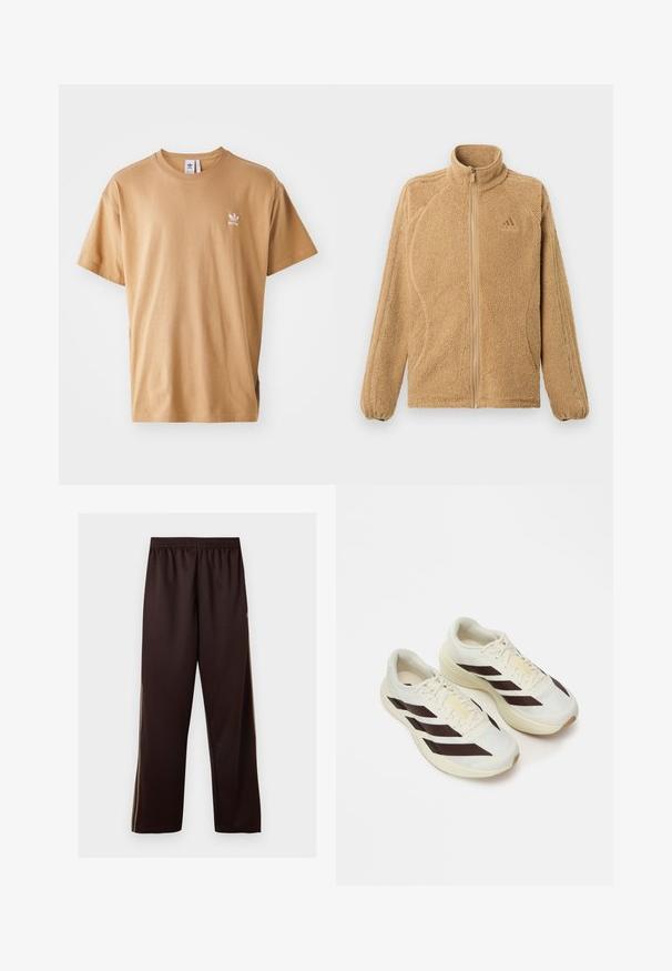 Beige täispikk tõmbluku fleece-jakk kõrge kaelusega, pikkade varrukatega, millel on kolm õmmeldud triipu ja väike Adidas'i logo rinnas.; Prune puuvillane T-särk ümarate kaelustega ja lühikeste varrukatega. Vasakul rinnal on väike valge Adidas'i logo. Pehme tekstuur, mugav lõige.; Tumedat pruunid laiade säärtega püksid, millel on elastne vöökoht ja õrnad heleda pruuni tooniga küljeribad, esitatud ühevärvilisel valgel taustal.; Kerge kreemjas värvitoonis jooksutossud tumedate pruunide diagonaalribadega, tekstureeritud võrkkattega ülisoe ja pehmendustega tallaga. Omaduseks on kollane "ADIZERO" bränding.