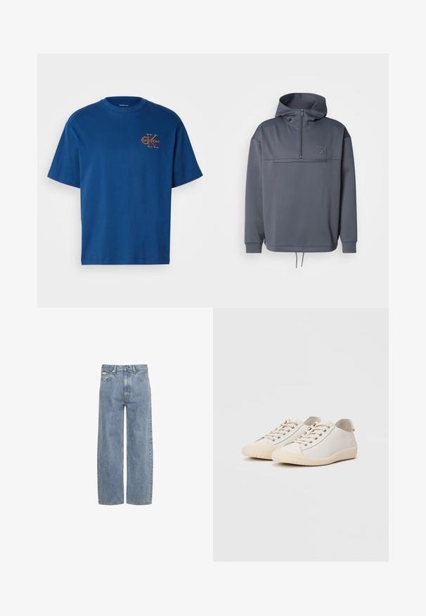 Grauer Hoodie mit hohem Kragen, halber Reißverschluss, Fronttasche und Kordelzug am Saum. Verfügt über ein dezentes Logo auf der oberen linken Brust.; Blaues Baumwoll-T-Shirt mit Rundhalsausschnitt, kurzen Ärmeln und einem orangefarbenen Calvin Klein-Logo auf der linken Brust. Schlichte und klassische Schnittform.; Hellblaue Jeans mit geradem Bein, vorderem Knopf- und Reißverschluss, Gürtelschlaufen und Fünf-Taschen-Design.; Weiße Sneaker aus glattem Leder mit tonalem Nähten, Schnürverschluss, runder Zehenpartie und einer strukturierten Gummisohle.
