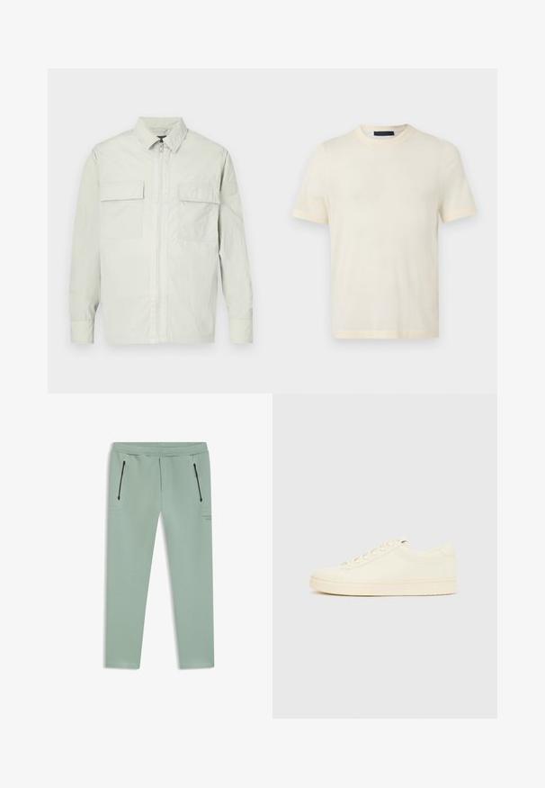 Light gray jacket made of lightweight material, featuring a full zip closure, two front pockets, and a minimal design with a subtle brand logo on the sleeve.; Cream-colored short-sleeve crew neck t-shirt, plain design, displayed on a flat light gray background.; Light green tapered pants with black zipper pockets on front sides and elastic waistband.; Cream-colored sneaker with a smooth leather upper, rounded toe, lace-up front, and a textured rubber sole. Minimalist design, no logos.