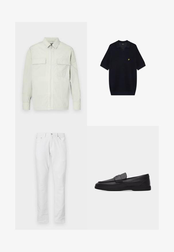 Veste gris clair en matériau léger, dotée d'une fermeture éclair complète, de deux poches avant et d'un design minimaliste avec un logo de marque subtil sur la manche.; Polo en maille noire à manches courtes avec un motif texturé et un logo d'oiseau jaune brodé sur la poitrine gauche.; Pantalon en denim blanc avec une coupe droite. Il comporte cinq poches, une fermeture frontale par bouton et une texture lisse et élégante.; Mocassin pour homme en cuir noir avec bout mocassin, détail de lanière sur le dessus et semelle en caoutchouc plate, présenté de profil sur fond blanc.