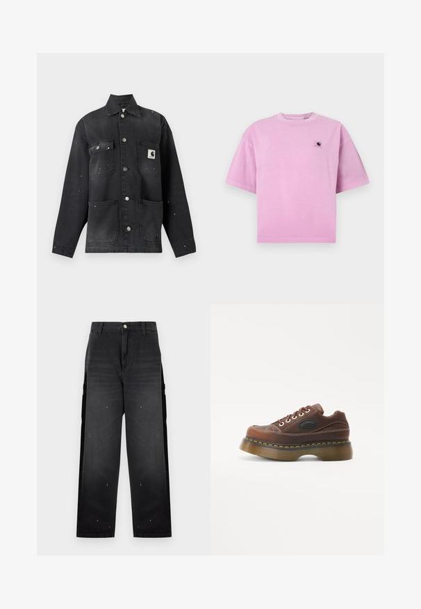 Sort denim arbejdsjakke med metalknapper, fire forlommer, Carhartt-logo på brystlommen og hvide malingstænk detaljer.; Lyserød bomulds t-shirt med korte ærmer, rund halsudskæring og en lille logo patch på venstre bryst. Glat tekstur og afslappet pasform.; Sorte jeans med vide ben, høj talje, bæltestropper, forreste knap og små hvide malesprøjt detaljer.; Brune læder platform sneakers med en tekstureret overdel, hvid syning, snørebåndslukning og gul akcent på sålens kant.
