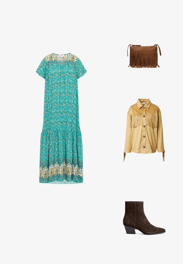 Veste en suède beige avec des détails en franges sur la poitrine et les poignets, comportant un col et de grands boutons marron sur le devant.; Robe maxi florale turquoise à manches courtes, jupe froncée, bordure orange et blanche complexe, et impression de petites fleurs sur l'ensemble.; Bottines en suede marron avec un bout pointu, un talon bloc moyen et un minimum de couture pour une apparence épurée.; Sac bandoulière en daim marron avec long détail à franges et fermeture éclair sur fond blanc.