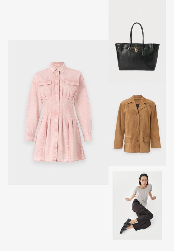 Veste en daim marron clair pour homme avec col cranté, trois boutons devant, poches à rabat et manches longues sur fond clair uni.; Robe chemise en denim rose avec manches longues, col, fermeture à boutons, deux poches poitrine et détail de jupe plissée pour une silhouette ajustée.; Haut gris clair à manches courtes, pantalons larges foncés, et mocassins noirs. Tissu lisse, coupe décontractée, et bordure contrastante sur la chemise.; Sac fourre-tout en cuir noir avec une finition texturée, accent en métal doré, longues poignées et un détail de serrure à l'avant.