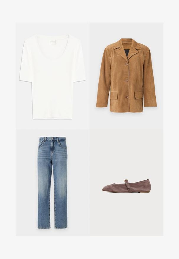 Herrenjacke aus hellbraunem Wildleder mit Reverskragen, drei Frontknöpfen, Klappentaschen und langen Ärmeln vor hellem einfarbigem Hintergrund.; Weißes T-Shirt mit kurzen Ärmeln und rundem Ausschnitt. Hergestellt aus weichem Baumwollstoff, bietet es einen lässigen Schnitt und ein minimalistisches Design.; Hellblaue Jeans aus Denim mit geradem Bein, fünf Taschen, Knopf- und Reißverschluss und minimaler Ausbleichung des Stoffes.; Brauner Wildlederflacher Schuh mit rundem Zehenbereich und einem einzelnen Riemen oben mit einer kleinen goldenen Schnalle.