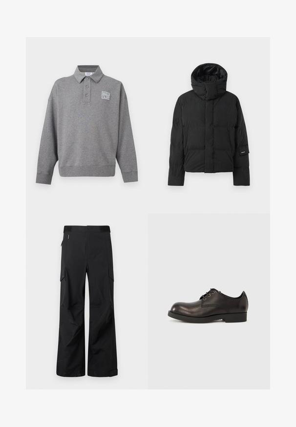Veste matelassée noire avec un col montant, dotée d'une texture de tissu lisse, d'une fermeture éclair et de deux poches avant. Étiquette de marque sur la manche.; Sweat-shirt polo gris à manches longues avec trois boutons et un petit patch logo blanc "Maison Kitsuné" sur la poitrine gauche.; Pantalons cargo noirs en tissu lisse et résistant à l'eau. Dotés de jambes larges, de multiples poches latérales et d'une taille plate avec un branding subtil.; Chaussure habillée en cuir noir avec un bout arrondi, des coutures minimales, un petit talon en caoutchouc et maintenue par des lacets noirs.