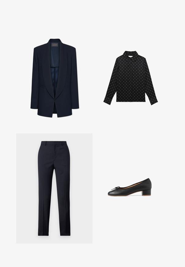 Blazer azul marino con cuello chal, cierre de un solo botón y dos bolsillos delanteros. Confeccionado con una tela lisa y un interior sin forro.; Camisa negra de manga larga con cuello abotonado y lunares blancos. Tejido suave con diseño ajustado y mangas con puños.; Pantalones de corte recto en color navy, con una textura suave, dos bolsillos delanteros y una cinturilla limpia.; Bailarina de piel negra con punta redondeada, pequeño tacón cuadrado y ribete de tela. Presenta un lazo decorativo en la zona de los dedos.