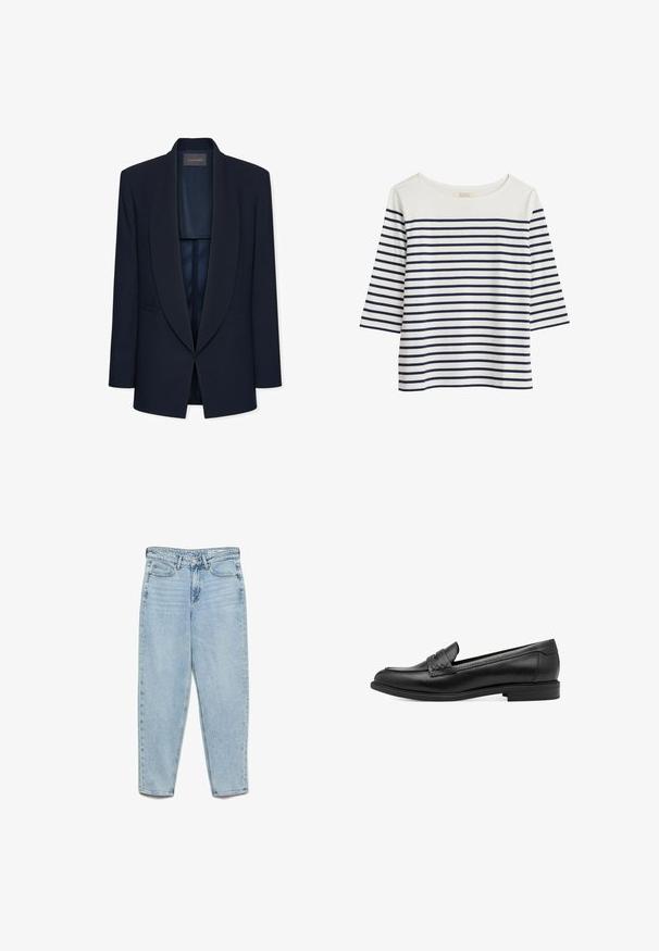 Blazer azul marino con cuello chal, cierre de un solo botón y dos bolsillos delanteros. Confeccionado con una tela lisa y un interior sin forro.; Camisa de algodón con mangas 3/4, con rayas horizontales en azul marino y blanco, cuello redondo y un ajuste holgado.; Vaqueros de mezclilla azul claro de cintura alta con bolsillos delanteros, trabillas para cinturón, cierre de botón y piernas cónicas sobre un fondo blanco.; Mocasines de piel negra con una textura suave, que presentan un detalle trenzado en la parte superior y un tacón bajo y redondeado. Diseño y forma simples.