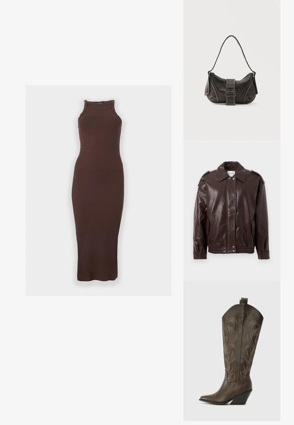 Veste en cuir marron avec un col, un fermeture à boutons-pression, des poches latérales et un ourlet élastique. Texture lisse avec un léger éclat.; Robe midi sans manches, côtelée, marron foncé avec un col montant et une silhouette ajustée sur un fond clair uni.; Botte de cowboy en cuir marron avec un embout pointu, un talon compensé et des broderies décoratives. Dispose d'un long tige et d'une languette de tirage.; Sac à épaule en cuir noir avec une sangle à boucle, des bords arrondis et des coutures blanches contrastées sur un fond uni.