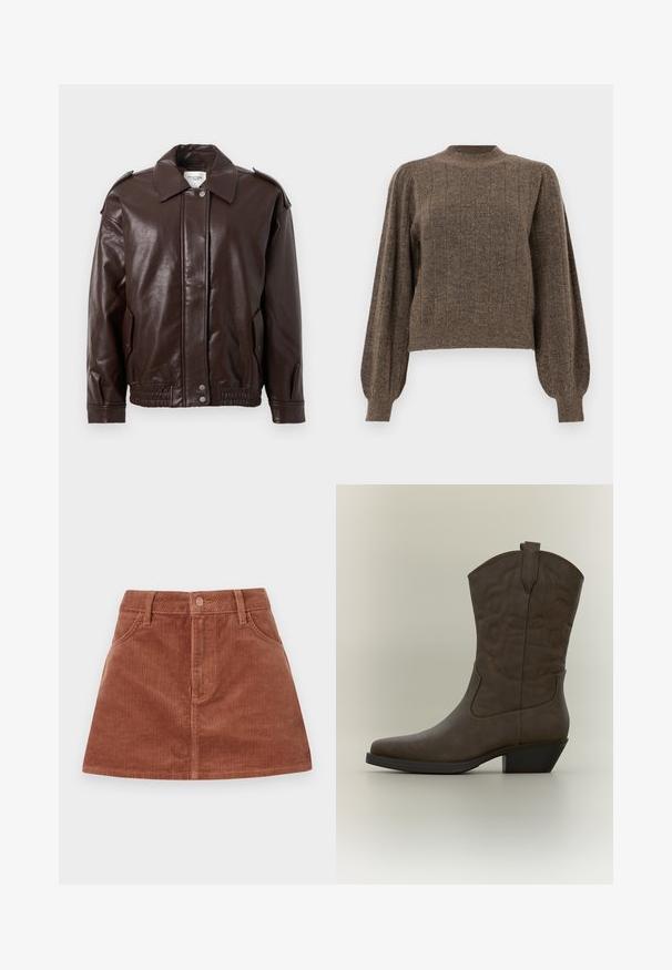 Veste en cuir marron avec un col, un fermeture à boutons-pression, des poches latérales et un ourlet élastique. Texture lisse avec un léger éclat.; Pull en tricot marron avec une texture côtelée, un col rond et des manches bouffantes, présentant des lignes verticales et un design court.; Jupe mini en velours côtelé marron avec texture à côtes verticales, poches avant, fermeture à bouton et coupe droite.; Botte de cowboy en cuir marron de hauteur moyenne avec bout pointu, coutures décoratives, bride de traction et talon bloc incliné sur fond neutre.