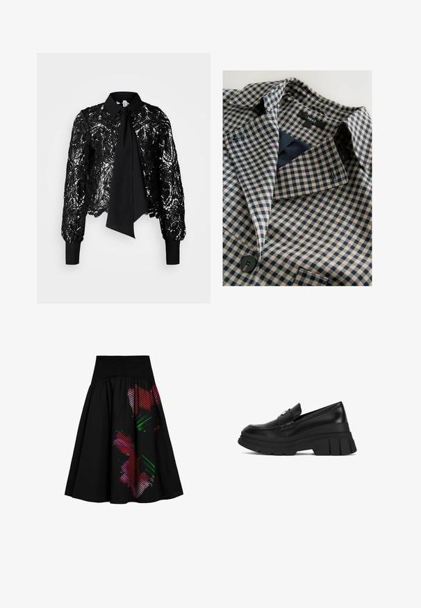 Tumesinise ja kreemika ruudulise mustriga kangas kraega disainiga, millel on üks nupp ja sile sisemine vooder. Sildil on kiri "NEXT".; Vero Moda Tall VMEDA SHORT BOW SHIRT - Pluus - black; Must seelik, millel on vormitud vöökoht ja lõhvikujuline disain. Ühel küljel on mitmevärvilised abstraktsed mustrid punase, rohelise ja roosa toonides.; Mustad nahast loafers paksu platvormitaldiga, detailse õmblusega ja dekoratiivse rihmaga, millel on metalliline aktsent. Sile tekstuur.