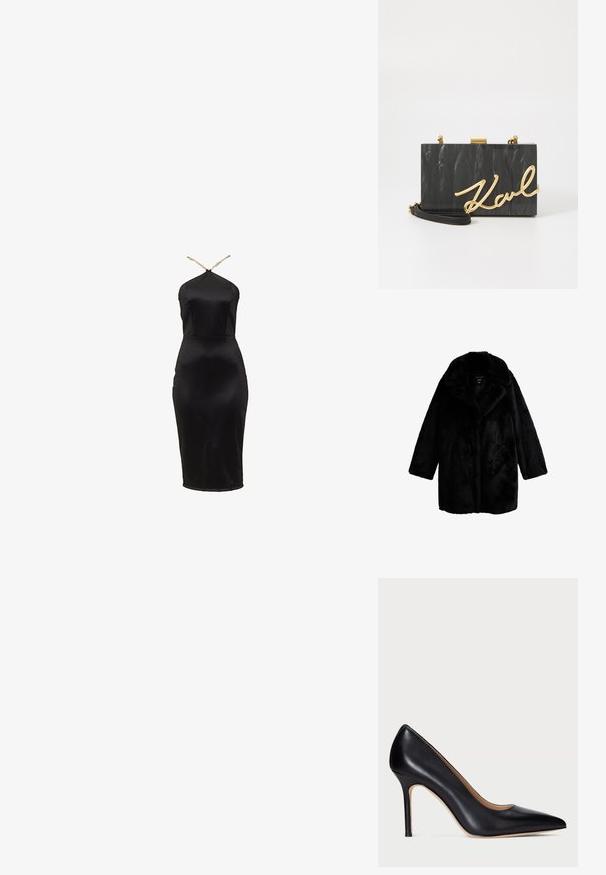 Abrigo de piel sintética negra con collar ancho, mangas largas y bolsillos laterales. Textura suave y diseño cálido adecuado para climas fríos.; Vestido bodycon de satén negro con diseño de cuello halter. Presenta una silueta ajustada y un brillo sutil. Tirantes dorados delgados acentúan el escote.; Zapato de tacón alto de cuero negro con punta afilada y tacón de stiletto delgado. La textura suave y el mínimo detalle crean un diseño clásico.; KARL LAGERFELD SOIREE - Clutch - black