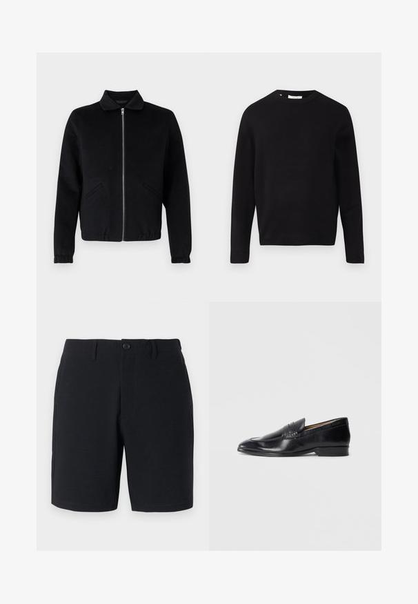 Schwarze Jacke mit Reißverschluss, Kragen, seitlichen Taschen, gerippten Bündchen und glatter Stoffstruktur. Schlichtes, strukturiertes Design.; Schwarzer Strickpullover mit Rundhalsausschnitt, langen Ärmeln und lockerer Passform. Glatte Textur, minimales Design, keine Muster oder Verzierungen.; Schwarze Shorts aus strukturiertem Stoff, mit Knopfverschluss, Gürtelschlaufen und Seitentaschen; taillierte Passform mit sauberen, genähten Säumen.; Schwarze Lederloafers mit glatter Oberfläche, spitzem Zehenbereich und subtilen Steppdetails. Verfügt über einen flachen Absatz und ein eingeprägtes Logo an der Seite.