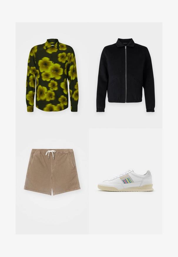 Veste noire zippée avec col, poches latérales, poignets côtelés et texture de tissu lisse. Design simple et structuré.; Chemise à manches longues de couleur vert foncé avec un motif floral jaune, présentant un col classique, une fermeture à boutons et des poignets droits. Texture de tissu lisse.; Shorts en coton marron avec une taille élastique et un cordon de serrage blanc, dotés de deux poches latérales et d'une coupe droite.; Basket en cuir blanc avec une semelle crème, des accents de rayures multicolores sur le côté et un logo "PS Paul Smith" en doré.